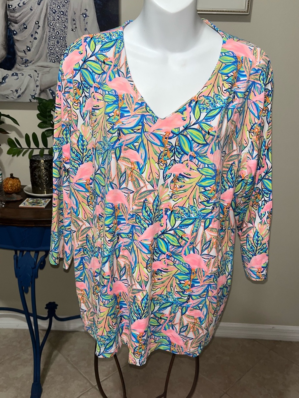Flamingo Tropical Leaf 3/4 Sleeve V-neck Top - XL